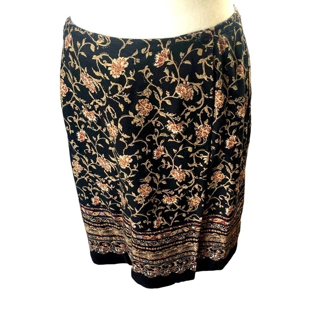 Hunt Club Wrap Skirt Women 8 Black Gold Red Floral Lined Classic Career Rayon